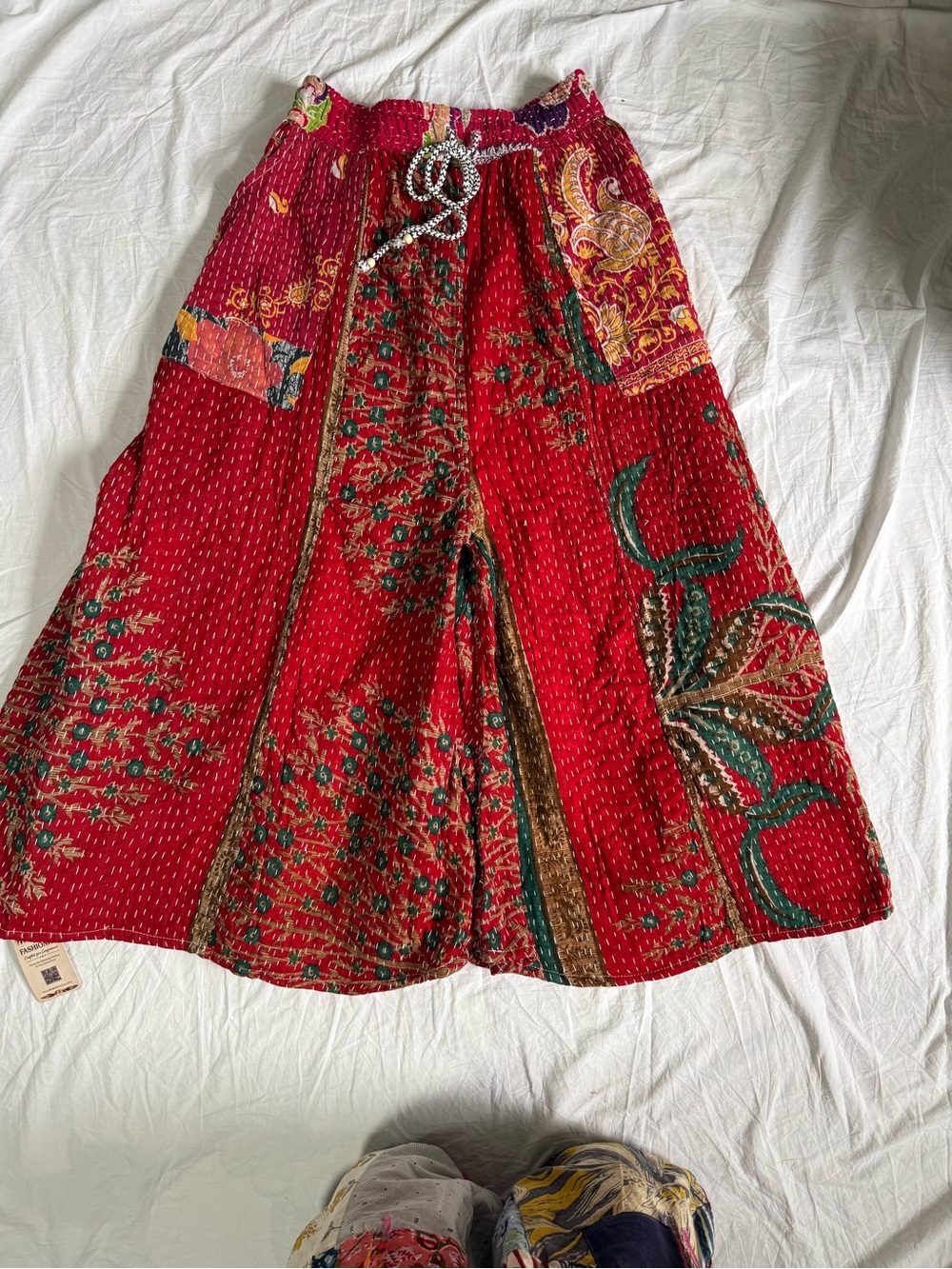 Boho Kantha Reversable Wide-Leg Pants with Pockets on Both Sides OS Drawstring